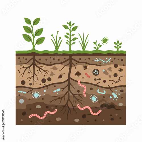 Soil Cross Section Showing Plant Roots and Microbes