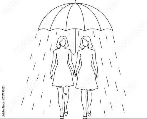 Minimal line art couple under umbrella rain