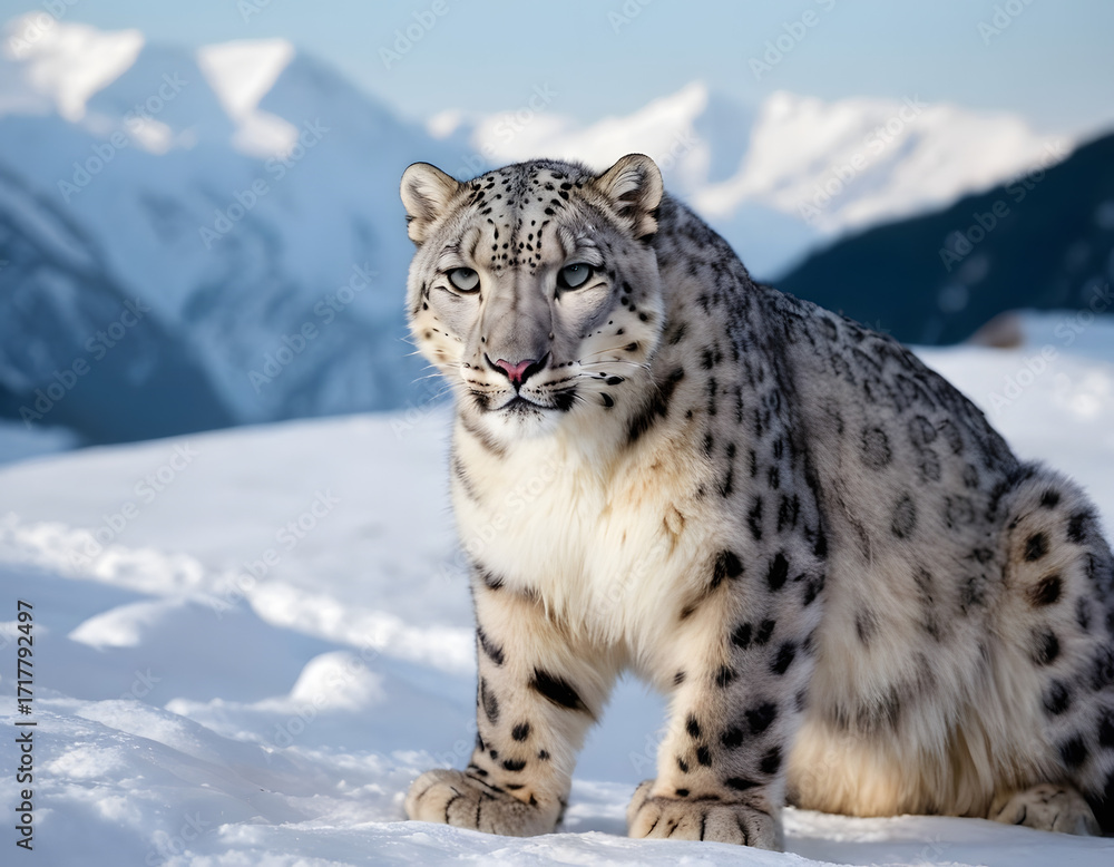 Fototapeta premium Snow leopard in the snow covered mountains., snow leopard potrait