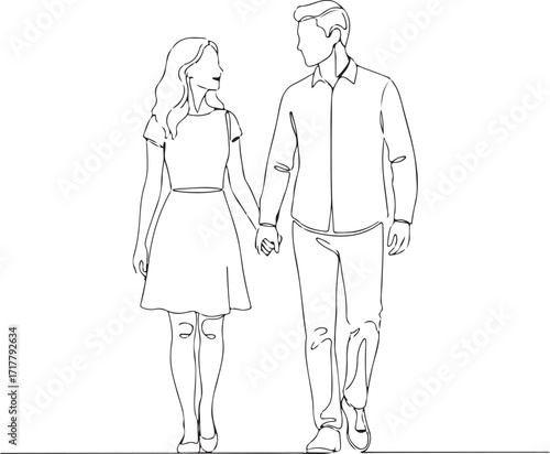 Minimal line art couple walking holding hands