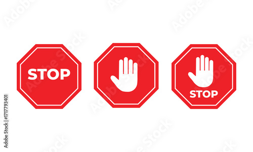 Set of red stop signs with octagon shapes featuring text and hand symbols. Simple vector illustration emphasizing caution, prohibition, and warning for safety, traffic, and control purposes.