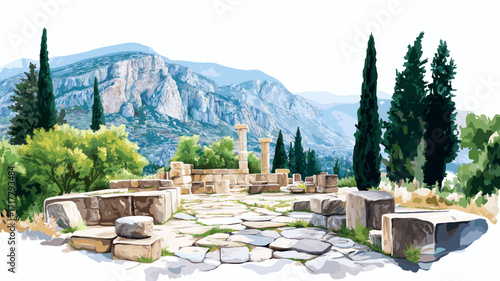 Delphi Archaeological Site. Delphi Archaeological Site watercolor vector illustration