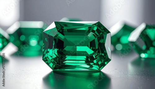 Big Emerald Cut Green Emerald Gem Stone Diamond Laying on Gemologist Table with Reflection Many other On Blur Background 