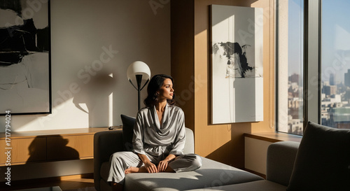 Elegant woman in silk pajamas enjoys morning light and city view from luxurious apartment