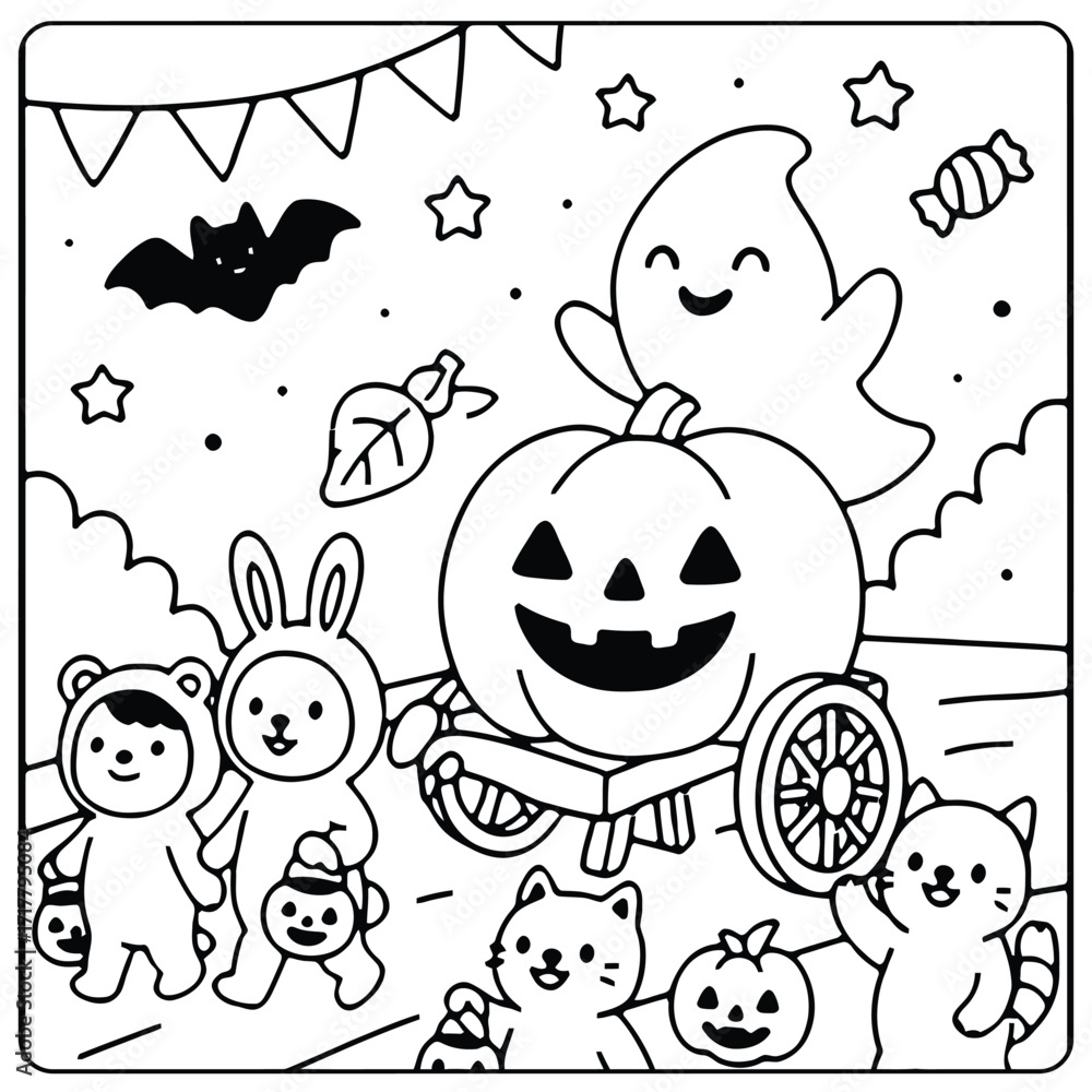 Fototapeta premium Cartoon halloween scene with characters in costume and pumpkin on a wagon coloring page