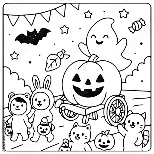 Cartoon halloween scene with characters in costume and pumpkin on a wagon coloring page