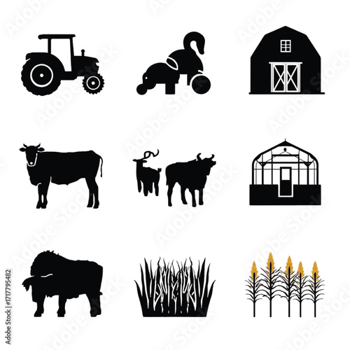 Farm icons tractor barn cow greenhouse sheep wheat