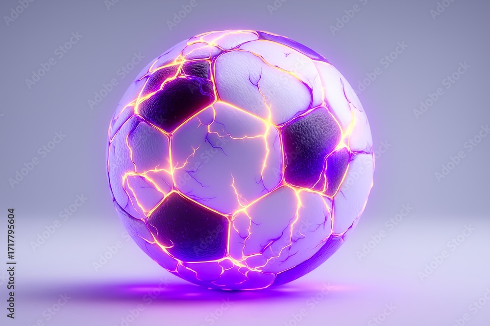 Fototapeta premium Futuristic soccer ball with glowing cracks and vibrant colors on a minimalist background