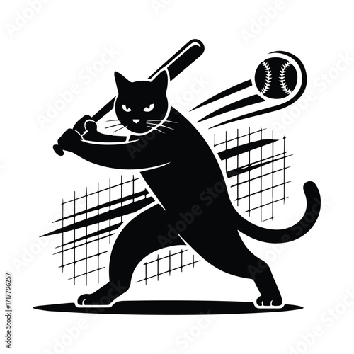 Black cat silhouette swinging a baseball bat at a baseball silhouette