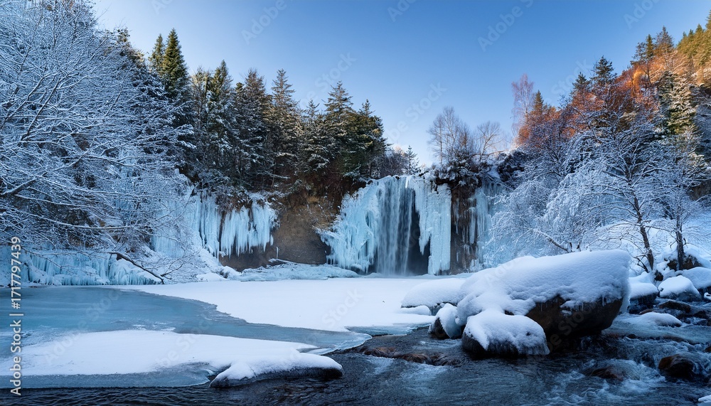 Fototapeta premium Frozen Waterfall Serene Winter Wilderness