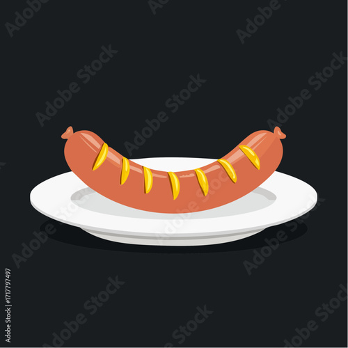 Flat Design Sausage with Dish Isolated on White