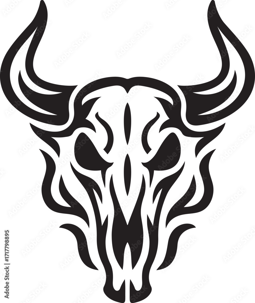 Obraz premium Tribal bull skull with horns vector art, Fierce bull skull tattoo design