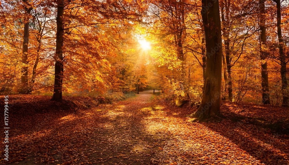 Obraz premium Autumn Forest Path Golden Foliage Sunlight Serene Nature Scene