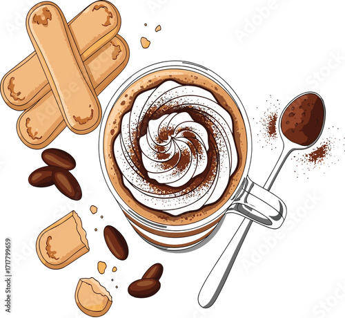 Vector Flat Lay of Tiramisu Latte with Cocoa and Ladyfingers