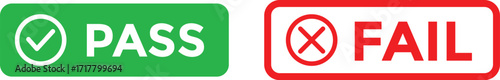 pass and fail icon set. Green check mark and red cross icons. Approve and reject web interface element vector illustration. Yes and No circle button symbols for vote, survey, or quiz choice.