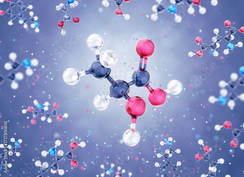 Molecule of lactic acid: A 3D model of the lactic acid, depicted as a schematic molecular structure, freely levitating among other organic substances. A 3D-rendered graphic representation.