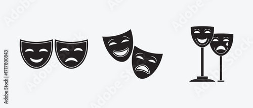 Set of Comedy and Tragedy Theatre Masks Icons