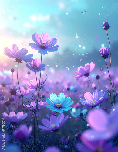 A field of flowers with petals glowing in soft lavender and turquoise