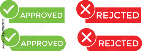 Approved and rejected vector signs. Approved rejected icons. Green check mark and red cross icons. Approve and reject web interface element vector illustration.
