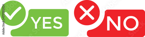 YES and NO buttons with checkmark and cross symbols. Yes and No circle button symbols for vote, survey, or quiz choice.
