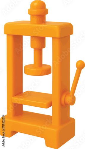 3D plastic hydraulic press model, orange color, isolated on white