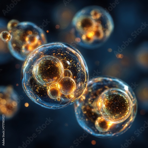Floating retinol peptide molecules in liquid space with golden nuclei, shimmering bubbles and neon glow on blue sci-fi background for luxury skincare advertisement

