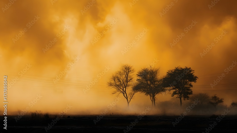 Fototapeta premium Silhouetted bare trees emerge from golden fog under a dramatic industrial smoke filled orange sky