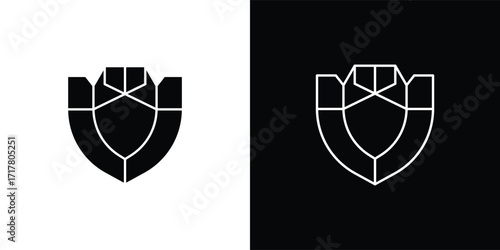A modern shield-shaped vector illustration icon with a minimalist geometric style. This design features a symmetrical shape resembling a flower or abstract symbol, available in both solid and outline 