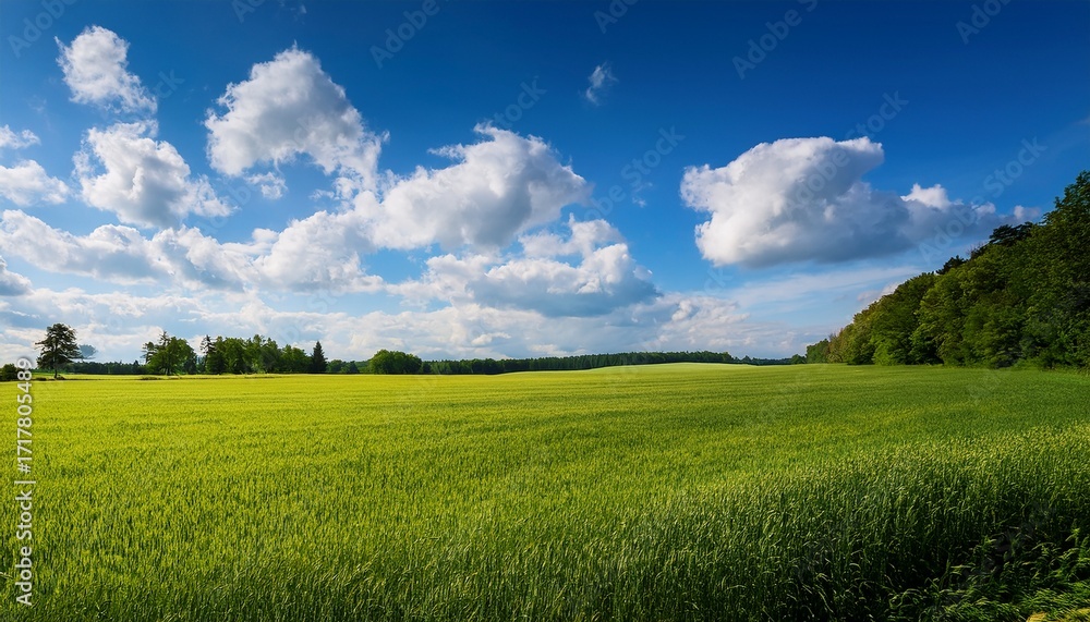 Fototapeta premium Beautiful Sunny Landscape With Fluffy Clouds And Vibrant Greenery During A Clear Day In An Open Field Generative Ai