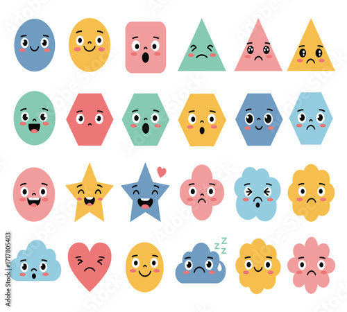 A colorful array of geometric shapes with expressive faces isolated on white background, showcasing a range of emotions from joy to sadness in a playful design