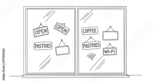 Cafe window with handwritten signs in line art style symbolizing hospitality