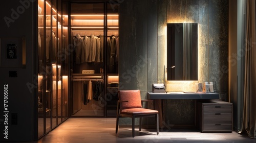 Wallpaper Mural Dark luxury dressing room interior with wardrobe, minimalist dressing table, and spotlight highlights Torontodigital.ca
