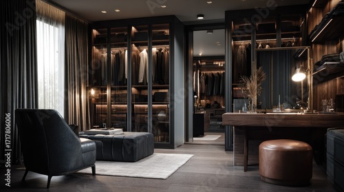 Wallpaper Mural High-class dressing room interior in dark tones featuring wardrobe with sliding doors and a vanity table Torontodigital.ca