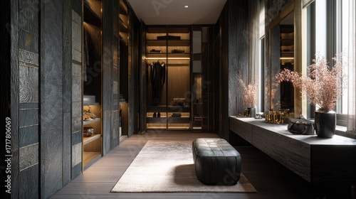 High-end dressing room design with dark textured walls, built-in wardrobe, and modern vanity table with large mirror