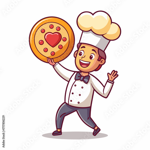 Creative vector illustration of a happy male chef tossing heart-shaped pizza dough – love, food, romance, kitchen artwork