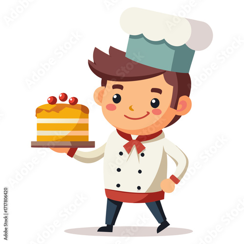 Funny male chef holding oversized cake slice, whimsical bakery illustration, cooking vector, dessert design, cartoon chef, sweet treat art