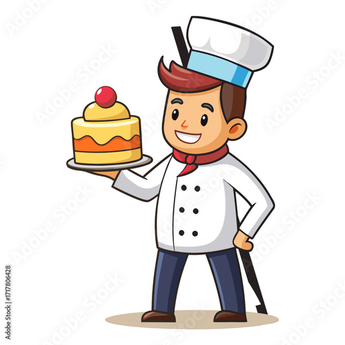 Funny male chef holding oversized cake slice, whimsical bakery illustration, cooking vector, dessert design, cartoon chef, sweet treat art