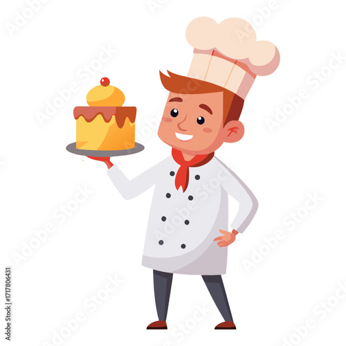 Funny male chef holding oversized cake slice, whimsical bakery illustration, cooking vector, dessert design, cartoon chef, sweet treat art