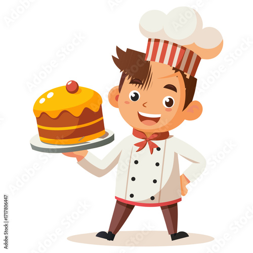 Funny male chef holding oversized cake slice, whimsical bakery illustration, cooking vector, dessert design, cartoon chef, sweet treat art