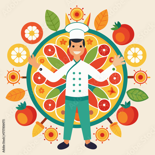 Male Chef Creating Beautiful Fruit Mandala Pattern Artistic Culinary Design Fresh Healthy Food Vector Illustration White Background
