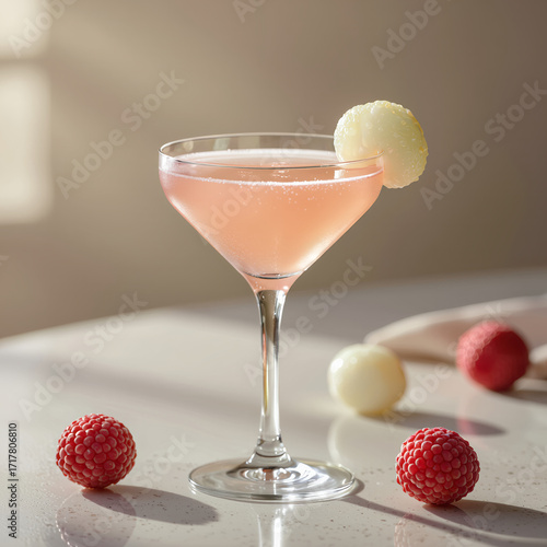 Lychee Martini in Frosted Glass on Stone Counter with Copy Space