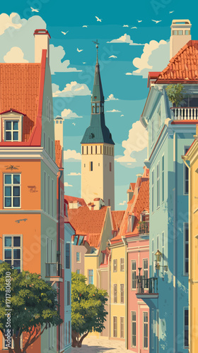 illustration, Cityscape of Tallinn, capital city of estonia, attractive touristic advertisement poster, beautiful touristic must-see destination. Beautiful tourist destination, in central europe.