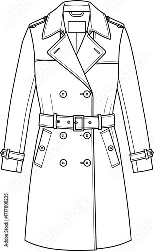 CAD drawing flat vector illustration, front view trench coat with belted waist, double breasted closure, cuff straps, shoulder epaulettes, tailored outerwear fashion