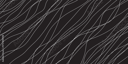 Abstract Black Background with Wavy Thin Silver Lines Pattern.