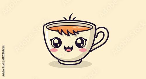 Cute Kawaii Tea Cup with Adorable Facial Expression.