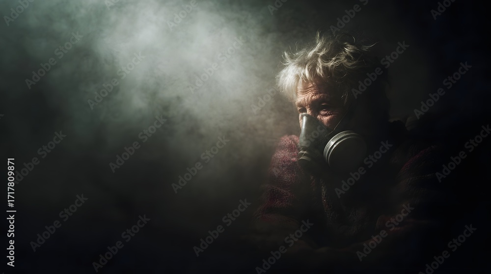 Obraz premium Elderly person wearing a gas mask isolated in dark smoky atmospheric conditions