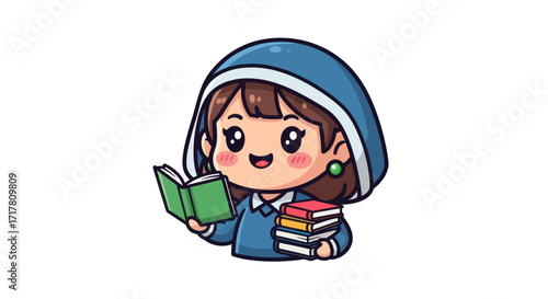 Cute cartoon girl in religious habit reading books happily.