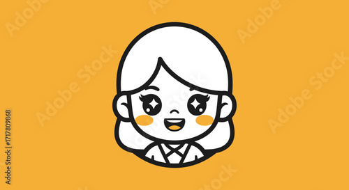 Cute cartoon girl with big eyes and a happy expression smiling widely.