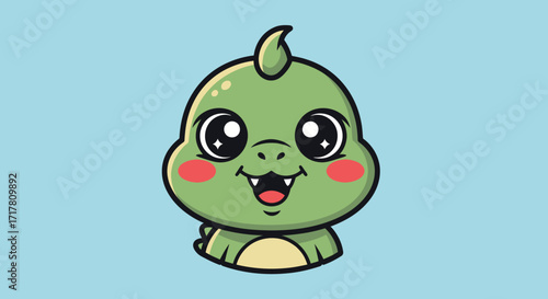Cute cartoon dinosaur head smiling green chubby cheeks big eyes.