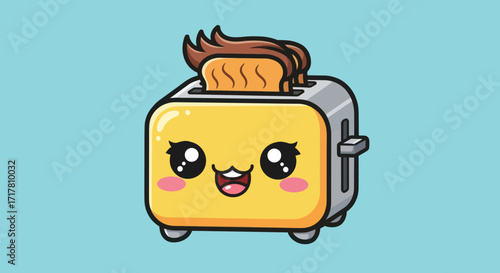 Cute cartoon toaster with bread slice ready for breakfast meal.
